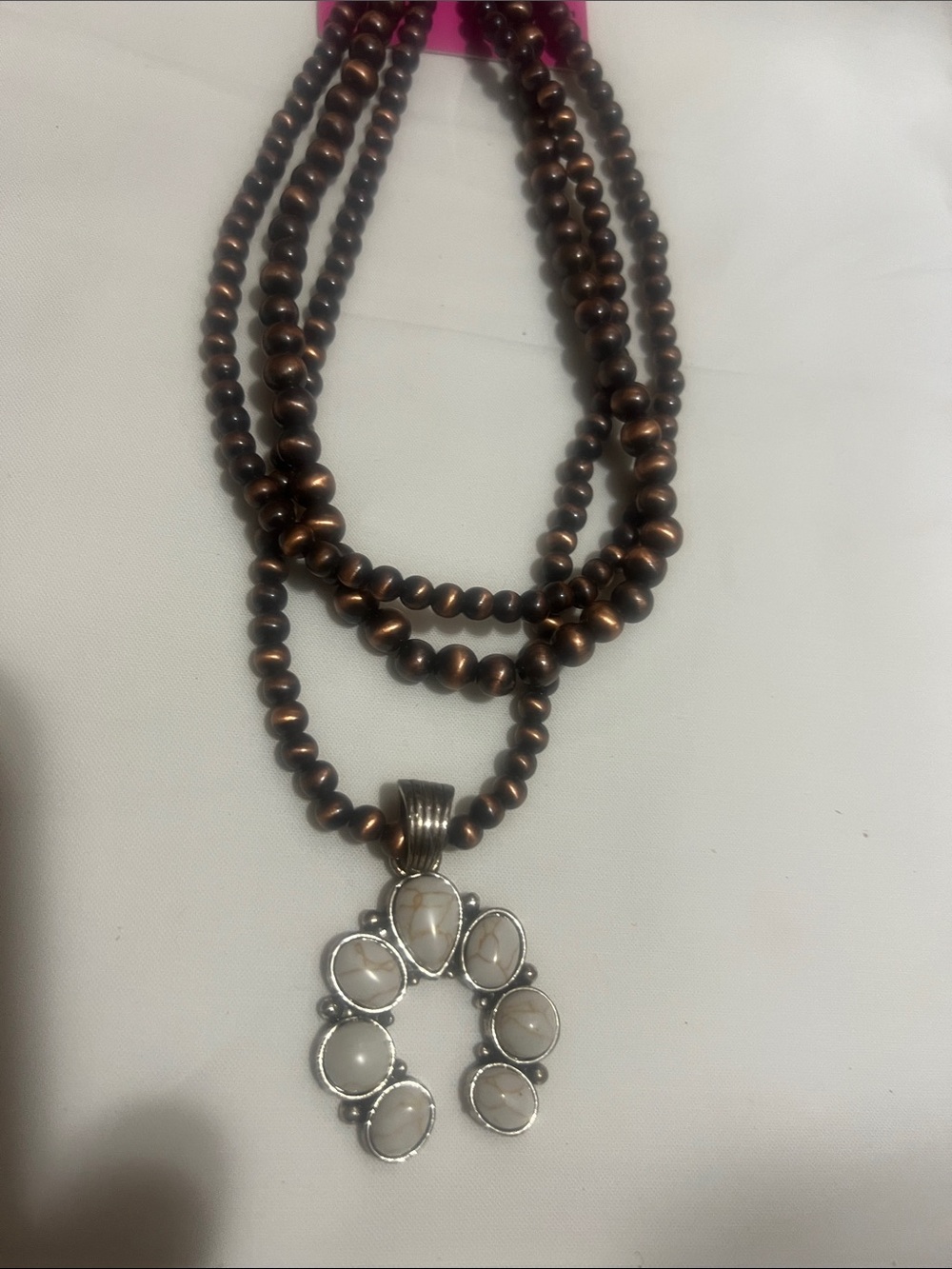 Multi-Strand Copper tone Bead Necklace with White Stone Pendant